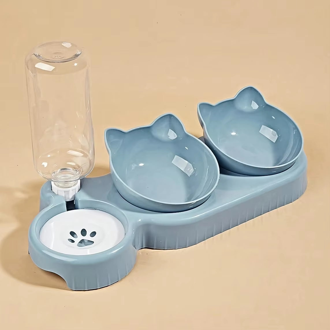 3-in-1 Tilted Cat Food and Water Bowl Set with Gravity Water Feeder and Ear Design for Neck Protection
