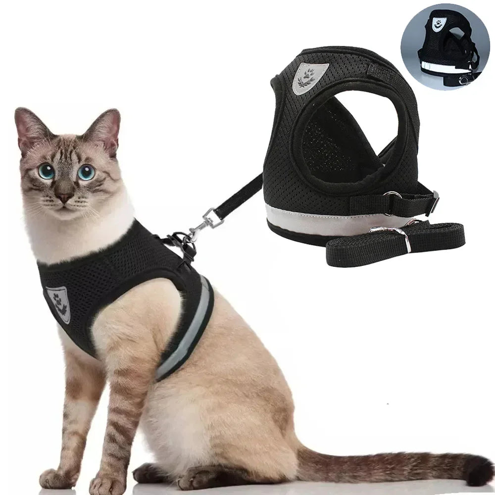 Adjustable Reflective Cat Harness and Leash Set - Escape-Proof Mesh Vest for Small Dogs and Cats