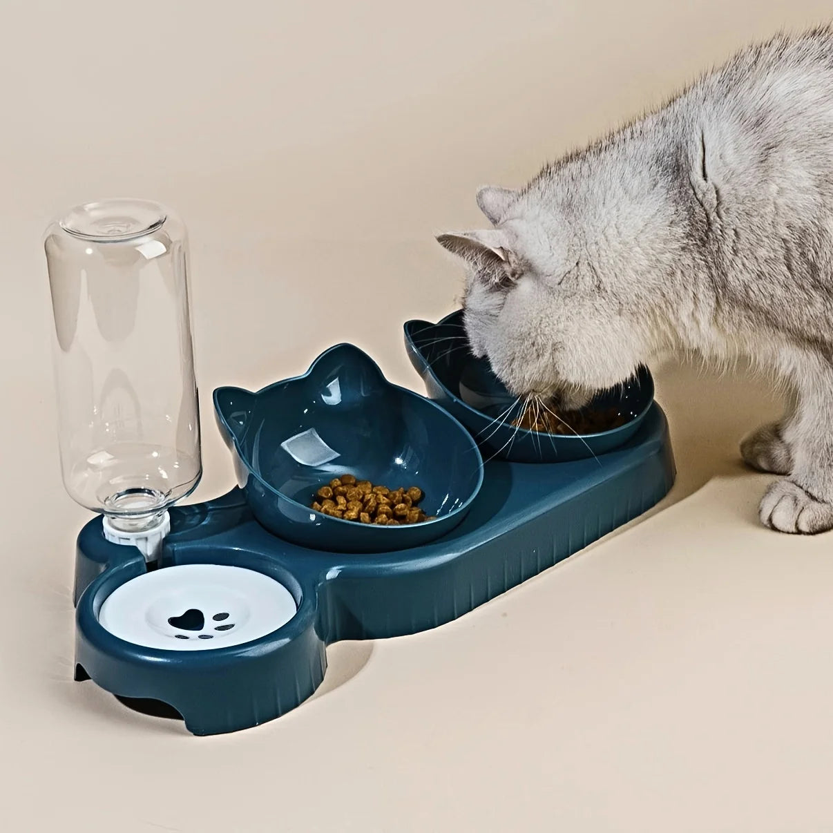 3-in-1 Tilted Cat Food and Water Bowl Set with Gravity Water Feeder and Ear Design for Neck Protection