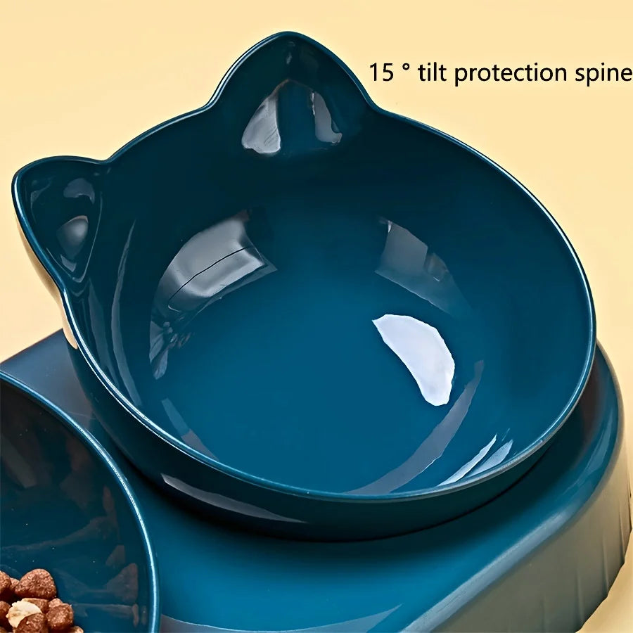 3-in-1 Tilted Cat Food and Water Bowl Set with Gravity Water Feeder and Ear Design for Neck Protection