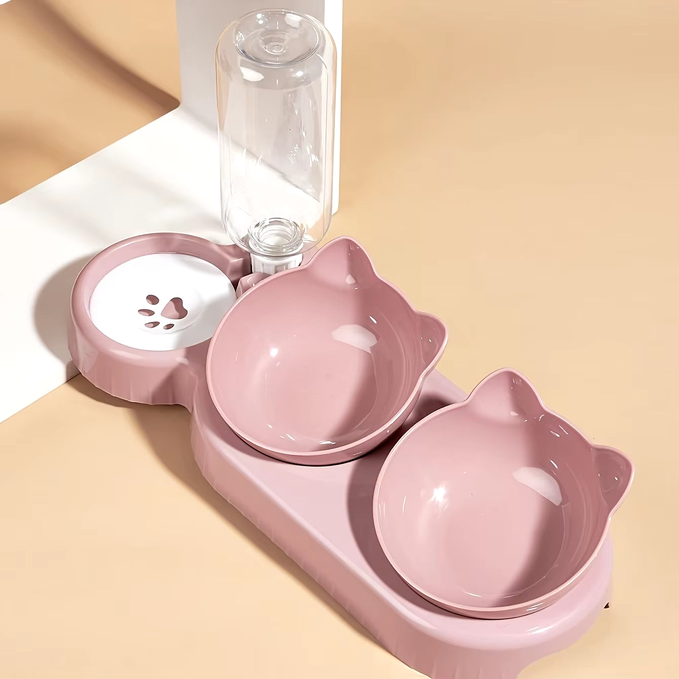 3-in-1 Tilted Cat Food and Water Bowl Set with Gravity Water Feeder and Ear Design for Neck Protection