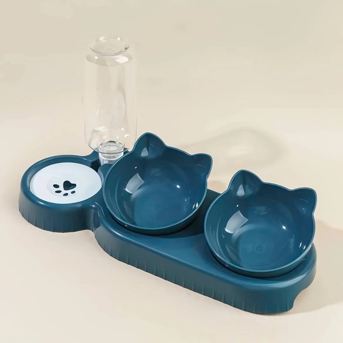 3-in-1 Tilted Cat Food and Water Bowl Set with Gravity Water Feeder and Ear Design for Neck Protection