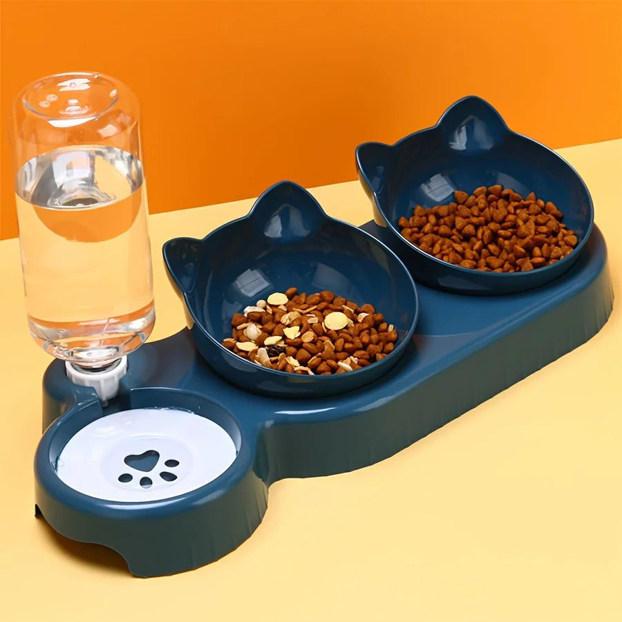 3-in-1 Tilted Cat Food and Water Bowl Set with Gravity Water Feeder and Ear Design for Neck Protection