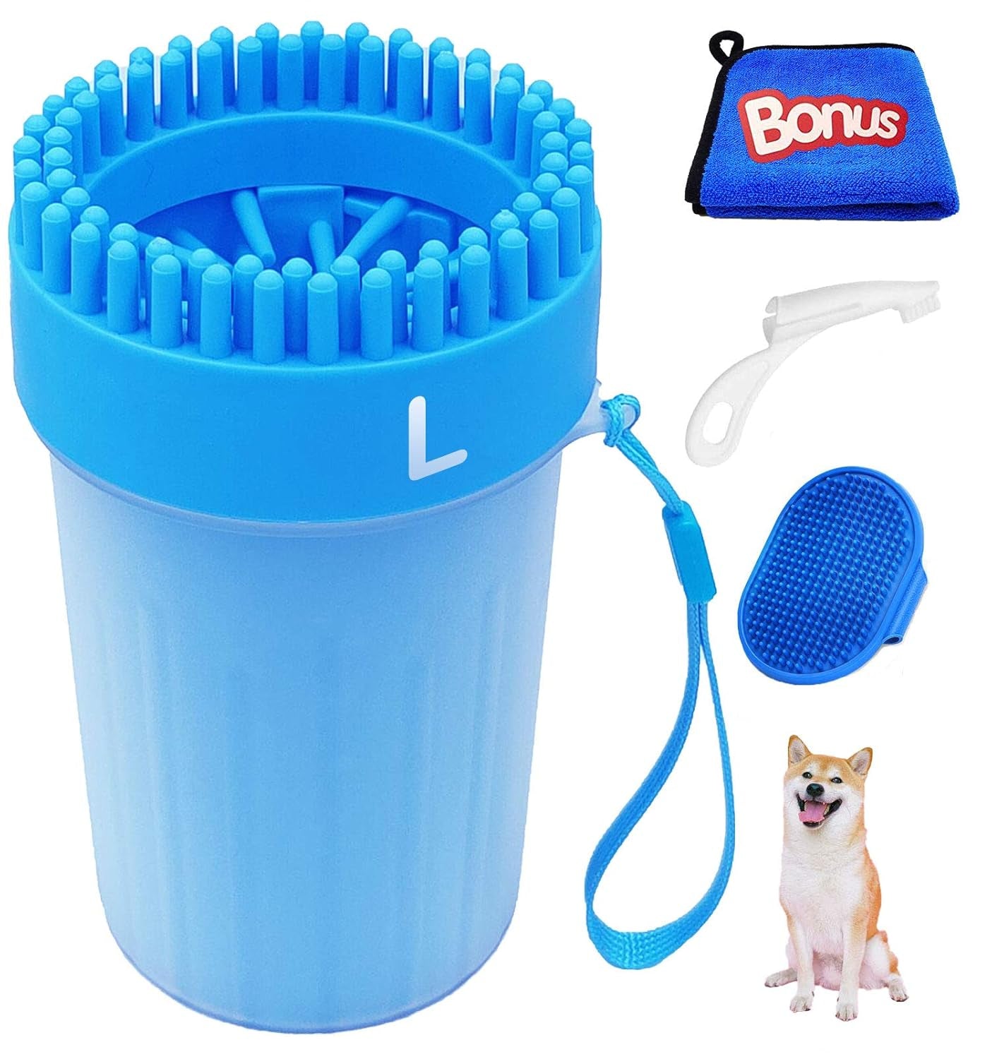 4 Pcs Portable Dog Paw Washer Cleaner Set, 2 in 1 Silicone Dog Cleaning Brush Large Dog Feet Cleaner Cup with Premium Towel, Finger Toothbrush and Pet Grooming Bath Brush for Dogs & Cats (L)