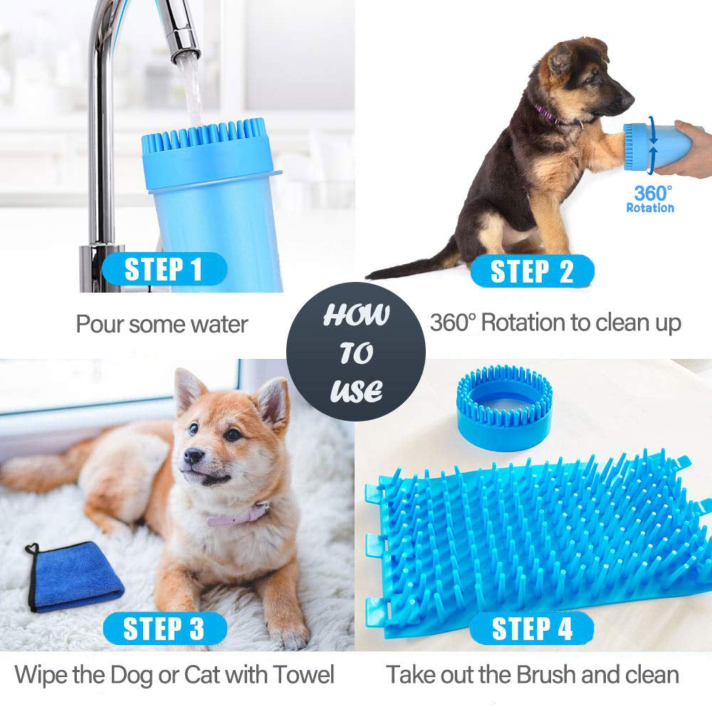 4 Pcs Portable Dog Paw Washer Cleaner Set, 2 in 1 Silicone Dog Cleaning Brush Large Dog Feet Cleaner Cup with Premium Towel, Finger Toothbrush and Pet Grooming Bath Brush for Dogs & Cats (L)