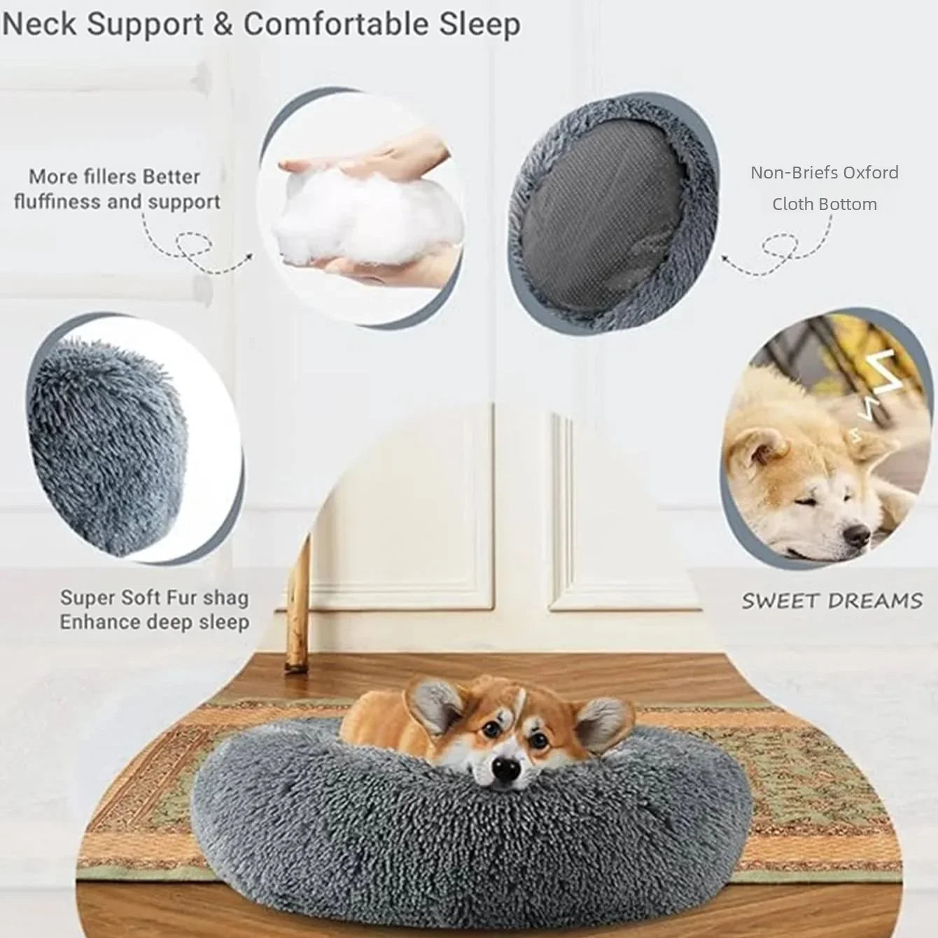 Round Pet Bed (40-90cm) - Super Soft Plush Dog House for Large and Medium Dogs - Winter Warm Sleeping Solution