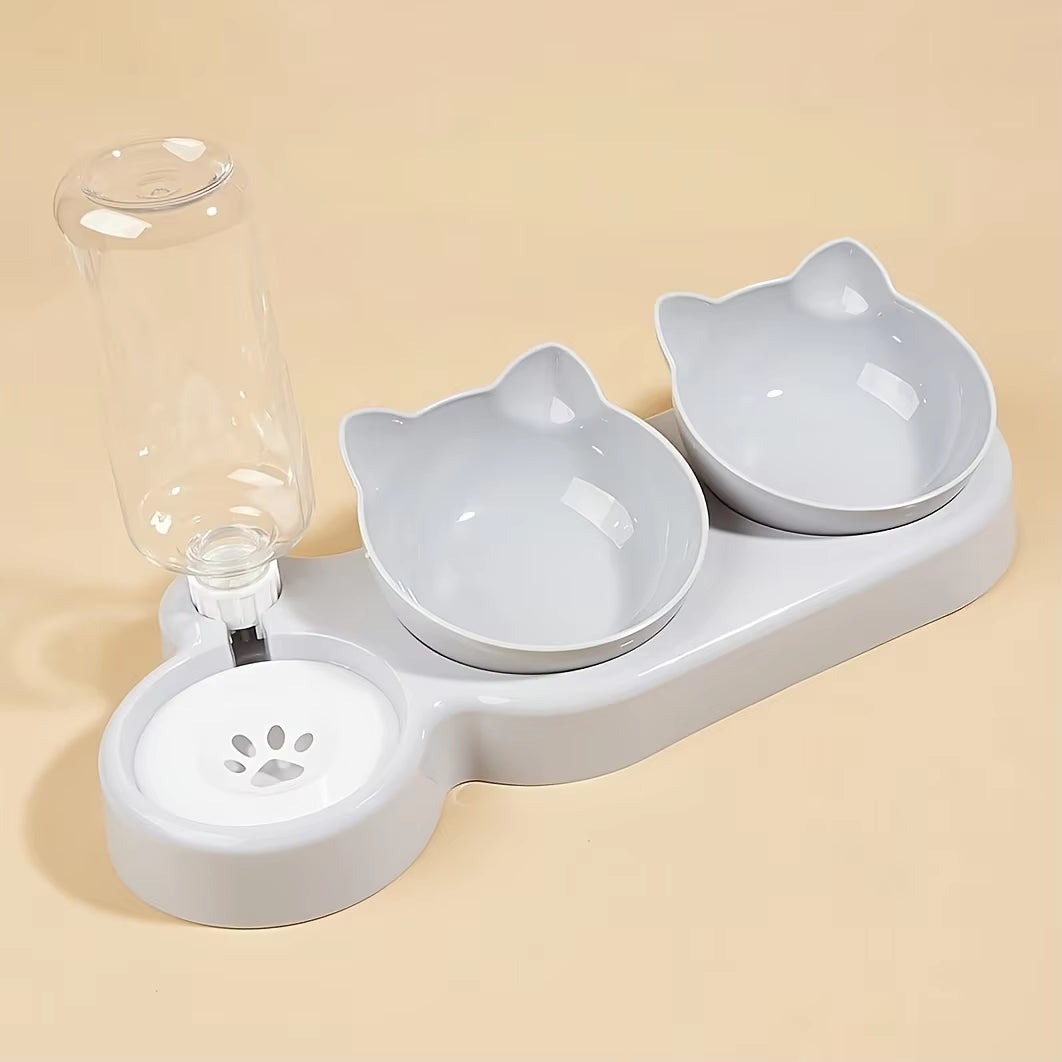 3-in-1 Tilted Cat Food and Water Bowl Set with Gravity Water Feeder and Ear Design for Neck Protection